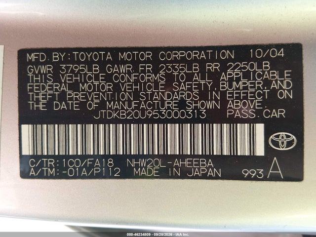 Aukcja sprzedaży 2005 Toyota Prius, vin: JTDKB20U953000313, numer aukcji: 46234809