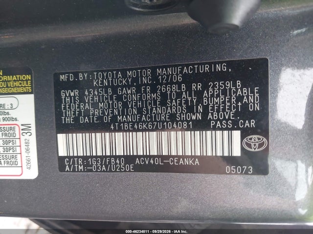 46234811 :رقم المزاد ، 4T1BE46K67U104081 vin ، 2007 Toyota Camry Le مزاد بيع