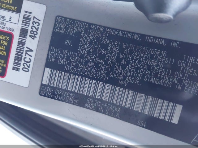 Продажа на аукционе авто 2008 Toyota Sienna Le, vin: 5TDZK23C48S137731, номер лота: 46234838