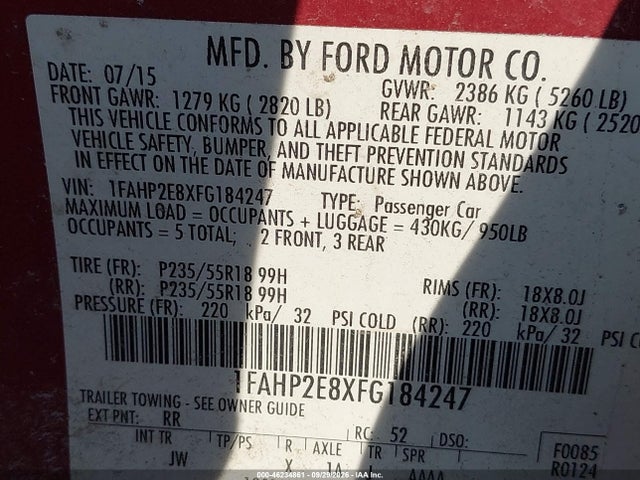 Продаж на аукціоні авто 2015 Ford Taurus Sel, vin: 1FAHP2E8XFG184247, номер лоту: 46234861