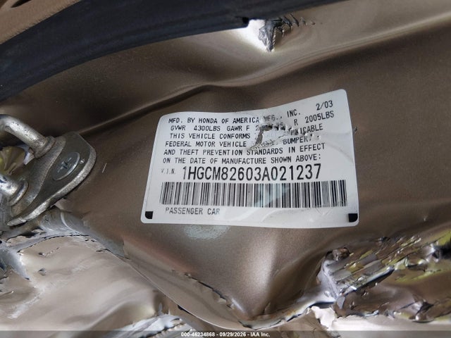 Aukcja sprzedaży 2003 Honda Accord 3.0 Ex, vin: 1HGCM82603A021237, numer aukcji: 46234868