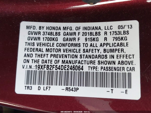 Aukcja sprzedaży 2013 Honda Civic Lx, vin: 19XFB2F54DE246064, numer aukcji: 46234872