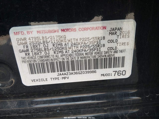 Aukcja sprzedaży 2016 Mitsubishi Outlander Se, vin: JA4AZ3A36GZ039986, numer aukcji: 46234905