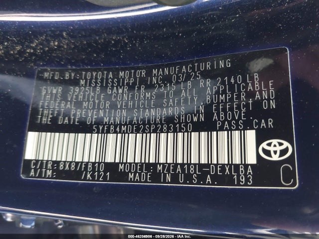 46234906 :رقم المزاد ، 5YFB4MDE2SP283150 vin ، 2025 Toyota Corolla Le مزاد بيع