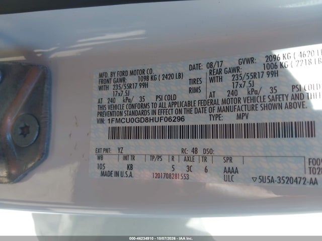2017 Ford Escape Se მანქანა იყიდება აუქციონზე, vin: 1FMCU0GD8HUF06296, აუქციონის ნომერი: 46234910