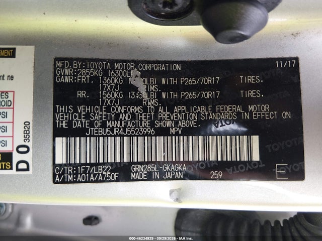 2018 Toyota 4runner Sr5 Premium მანქანა იყიდება აუქციონზე, vin: JTEBU5JR4J5523996, აუქციონის ნომერი: 46234929