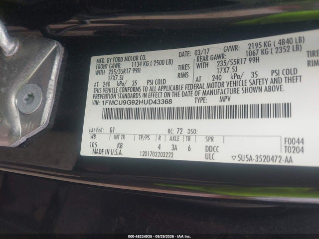 Aukcja sprzedaży 2017 Ford Escape Se, vin: 1FMCU9G92HUD43368, numer aukcji: 46234935