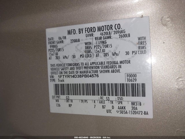 Продажа на аукционе авто 2008 Ford Ranger Xl/xlt, vin: 1FTYR14D38PB04576, номер лота: 46234940