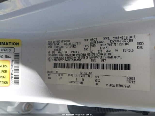 46234941 :رقم المزاد ، 1FMEE5DP4NLB69791 vin ، 2022 Ford Bronco Badlands مزاد بيع