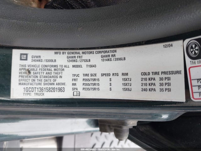 46234952 :رقم المزاد ، 1GCDT136158201963 vin ، 2005 Chevrolet Colorado Ls مزاد بيع
