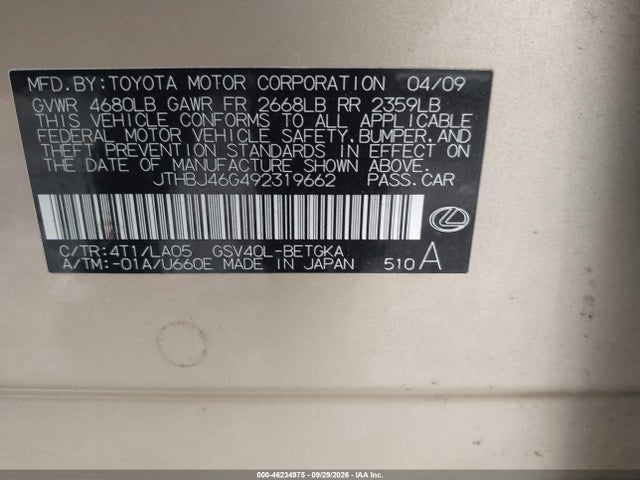 Продаж на аукціоні авто 2009 Lexus Es 350, vin: JTHBJ46G492319662, номер лоту: 46234975