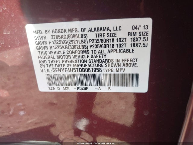 2013 Honda Pilot Ex-l მანქანა იყიდება აუქციონზე, vin: 5FNYF4H57DB061958, აუქციონის ნომერი: 46234986
