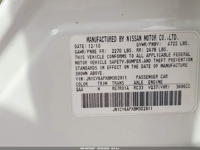 Aukcja sprzedaży 2011 Infiniti G37 Journey, vin: JN1CV6APXBM302911, numer aukcji: 46235007