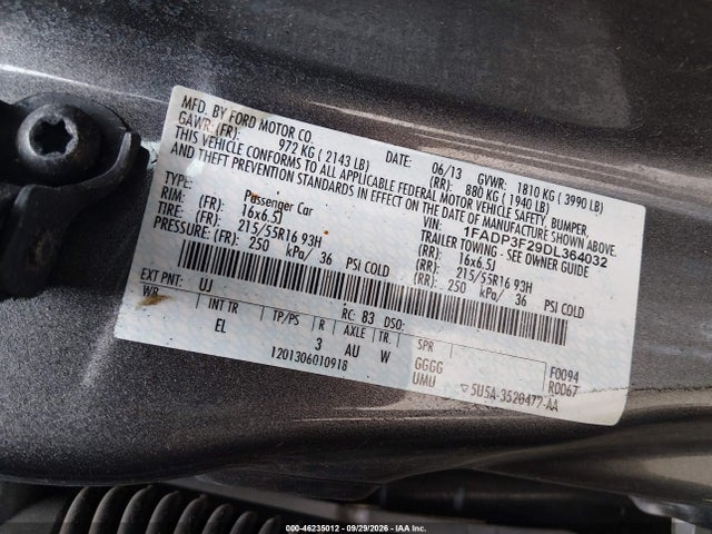 46235012 :رقم المزاد ، 1FADP3F29DL364032 vin ، 2013 Ford Focus Se مزاد بيع
