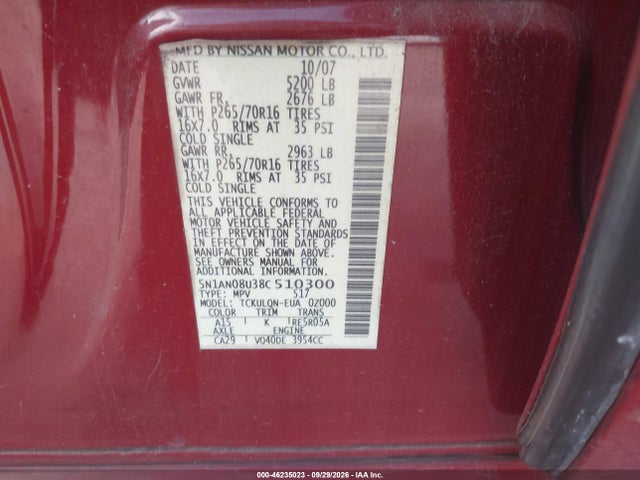 Aukcja sprzedaży 2008 Nissan Xterra X, vin: 5N1AN08U38C510300, numer aukcji: 46235023