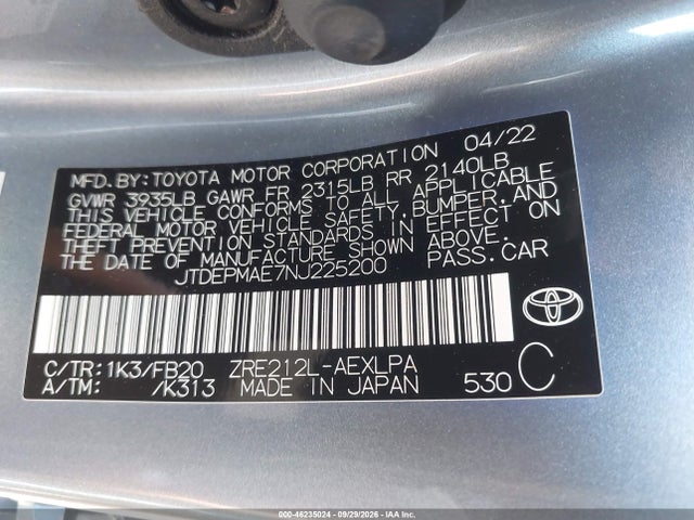 Продаж на аукціоні авто 2022 Toyota Corolla Le, vin: JTDEPMAE7NJ225200, номер лоту: 46235024