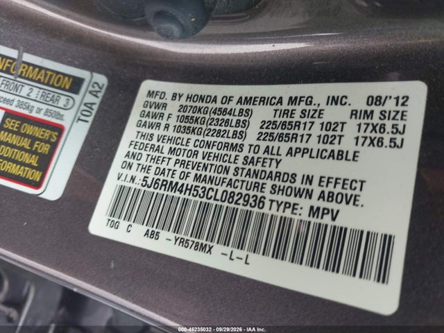 Продажа на аукционе авто 2012 Honda Cr-v Ex, vin: 5J6RM4H53CL082936, номер лота: 46235032