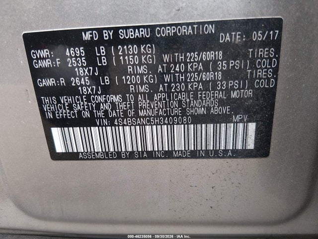 2017 Subaru Outback 2.5i Limited მანქანა იყიდება აუქციონზე, vin: 4S4BSANC5H3409080, აუქციონის ნომერი: 46235056