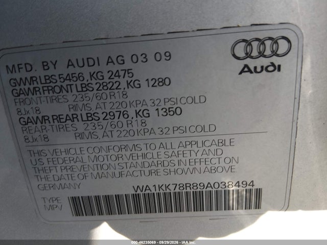 2009 Audi Q5 3.2 Premium მანქანა იყიდება აუქციონზე, vin: WA1KK78R89A038494, აუქციონის ნომერი: 46235069