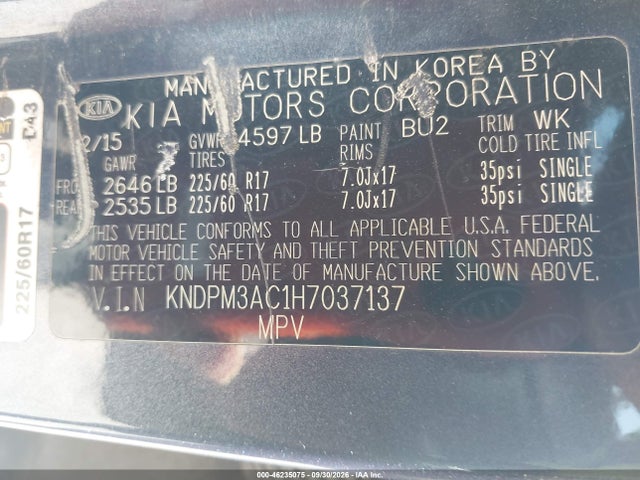 Aukcja sprzedaży 2017 Kia Sportage Lx, vin: KNDPM3AC1H7037137, numer aukcji: 46235075