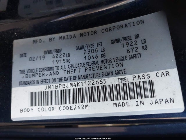 Продаж на аукціоні авто 2019 Mazda Mazda3, vin: JM1BPBJM4K1122665, номер лоту: 46235079