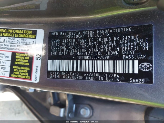 Aukcja sprzedaży 2018 Toyota Camry Se, vin: 4T1B11HK2JU647698, numer aukcji: 46235110