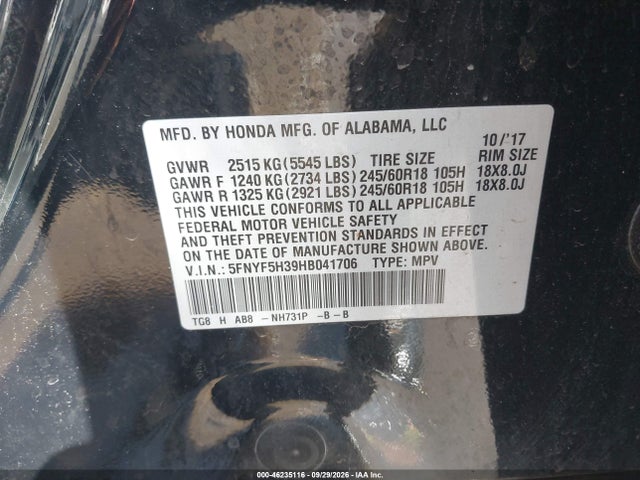 Honda Pilot Ex 2017 5FNYF5H39HB041706 Image 9