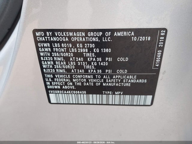 46235123 :رقم المزاد ، 1V2XR2CA4KC506435 vin ، 2019 Volkswagen Atlas 3.6l V6 Se W/technology R-line مزاد بيع