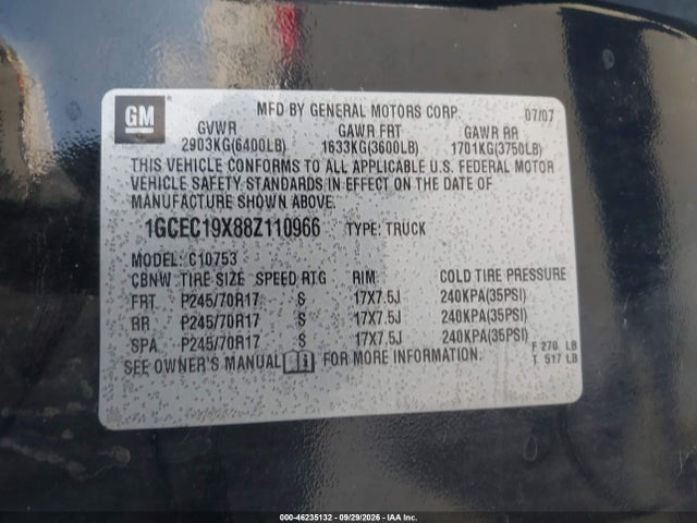 2008 Chevrolet Silverado 1500 Work Truck მანქანა იყიდება აუქციონზე, vin: 1GCEC19X88Z110966, აუქციონის ნომერი: 46235132