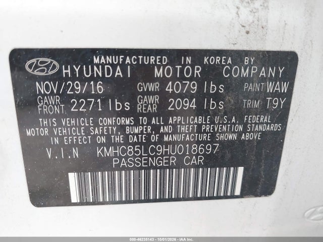 46235143 :رقم المزاد ، KMHC85LC9HU018697 vin ، 2017 Hyundai Ioniq Hybrid Limited مزاد بيع