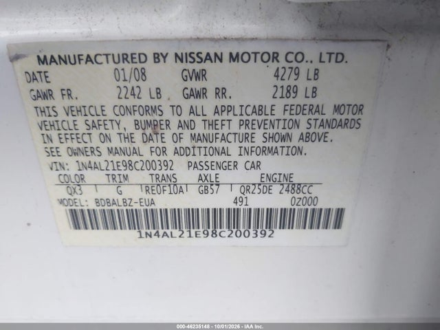 Aukcja sprzedaży 2008 Nissan Altima 2.5 S, vin: 1N4AL21E98C200392, numer aukcji: 46235148