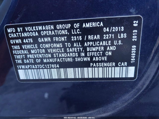 Продажа на аукционе авто 2013 Volkswagen Passat 2.5l S, vin: 1VWAP7A37DC127654, номер лота: 46235152