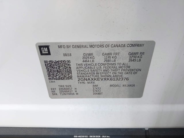 2019 Chevrolet Equinox Lt მანქანა იყიდება აუქციონზე, vin: 2GNAXKEVXK6132376, აუქციონის ნომერი: 46235153