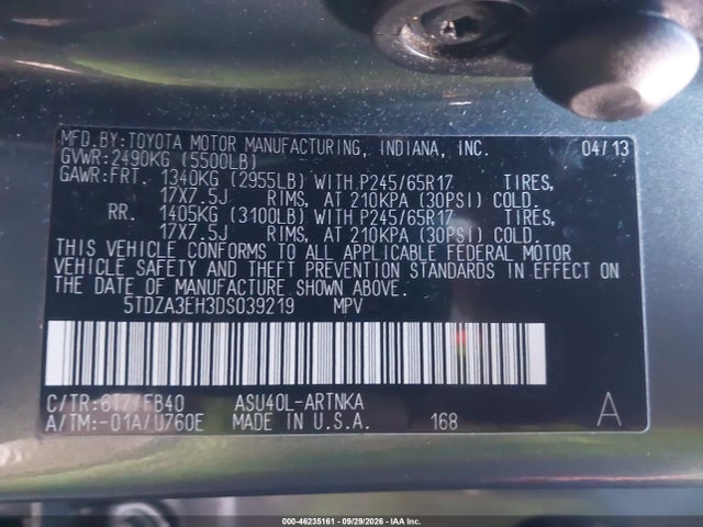 46235161 :رقم المزاد ، 5TDZA3EH3DS039219 vin ، 2013 Toyota Highlander مزاد بيع