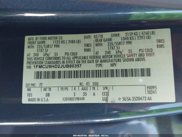 Продаж на аукціоні авто 2018 Ford Escape Sel, vin: 1FMCU9HD2JUB80357, номер лоту: 46235164