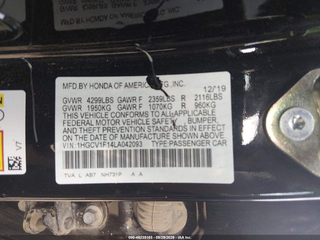 2020 Honda Accord Lx მანქანა იყიდება აუქციონზე, vin: 1HGCV1F14LA042093, აუქციონის ნომერი: 46235165