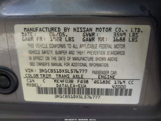 46235170 :رقم المزاد ، 3N1CB51DX5L576777 vin ، 2005 Nissan Sentra 1.8s مزاد بيع