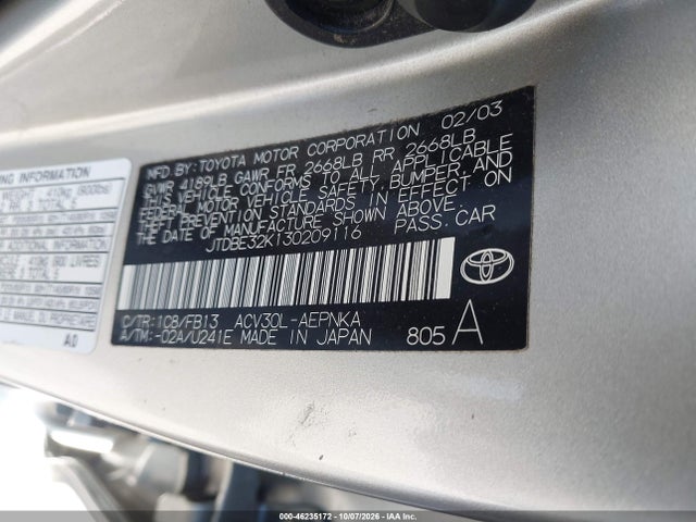 Aukcja sprzedaży 2003 Toyota Camry Le, vin: JTDBE32K130209116, numer aukcji: 46235172