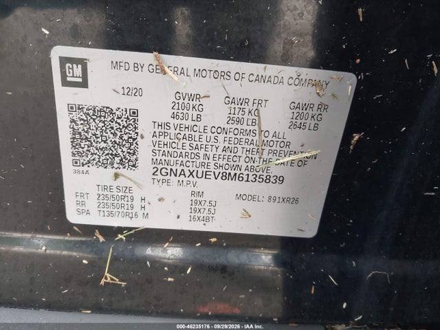 Aukcja sprzedaży 2021 Chevrolet Equinox Awd Lt, vin: 2GNAXUEV8M6135839, numer aukcji: 46235176