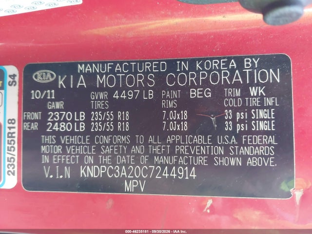 Продажа на аукционе авто 2012 Kia Sportage Ex, vin: KNDPC3A20C7244914, номер лота: 46235181