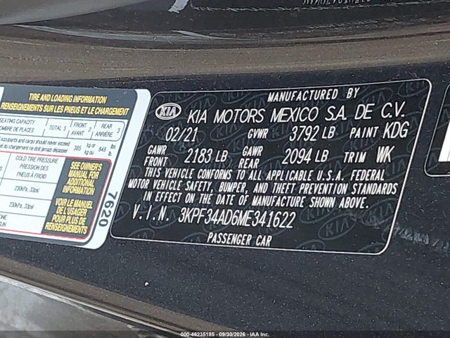46235185 :رقم المزاد ، 3KPF34AD6ME341622 vin ، 2021 Kia Forte Gt-line مزاد بيع