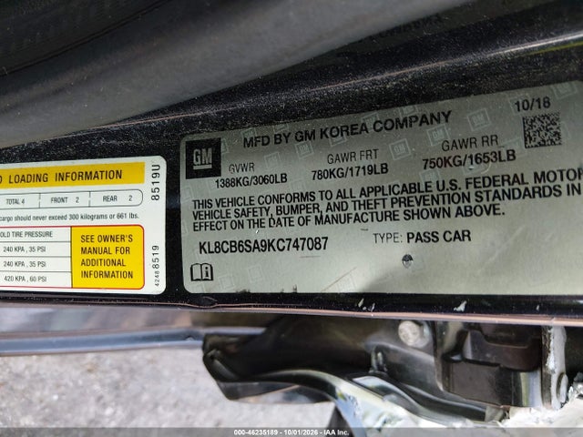 46235189 :رقم المزاد ، KL8CB6SA9KC747087 vin ، 2019 Chevrolet Spark Ls Cvt مزاد بيع