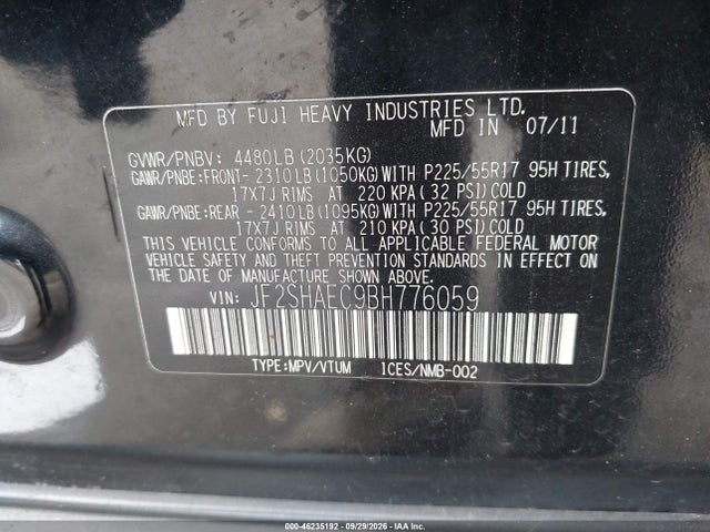2011 Subaru Forester 2.5x Limited მანქანა იყიდება აუქციონზე, vin: JF2SHAEC9BH776059, აუქციონის ნომერი: 46235192