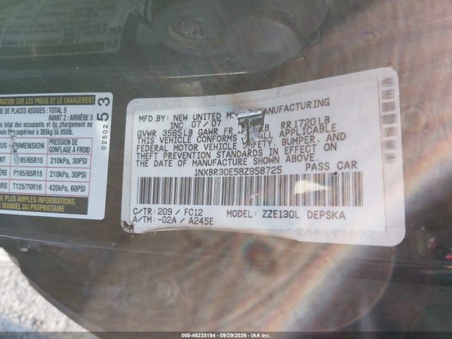 46235194 :رقم المزاد ، 1NXBR30E58Z958725 vin ، 2008 Toyota Corolla S مزاد بيع