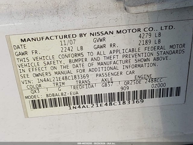 46235208 :رقم المزاد ، 1N4AL21E48C183369 vin ، 2008 Nissan Altima 2.5 S مزاد بيع