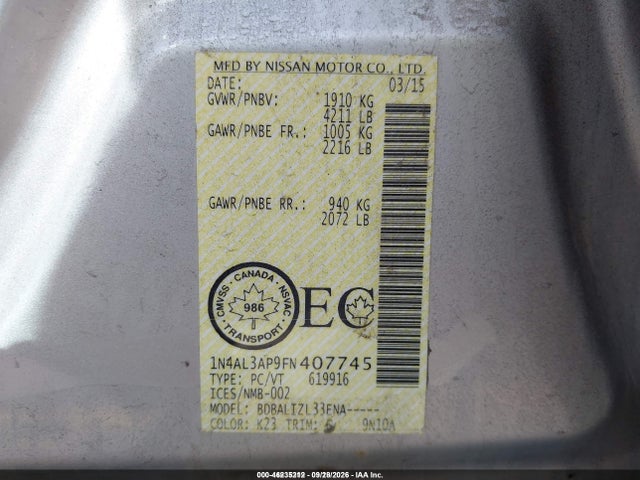 Aukcja sprzedaży 2015 Nissan Altima 2.5/2.5 S/2.5 Sl/2.5 Sv, vin: 1N4AL3AP9FN407745, numer aukcji: 46235212