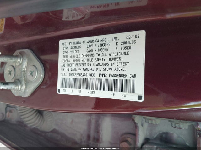 Aukcja sprzedaży 2010 Honda Accord 2.4 Ex-l, vin: 1HGCP2F86AA014838, numer aukcji: 46235219