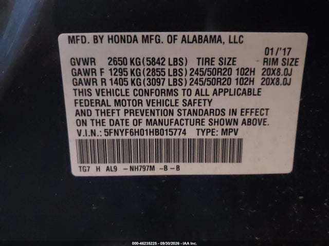 Honda Pilot Elite 2017 5FNYF6H01HB015774 Image 9