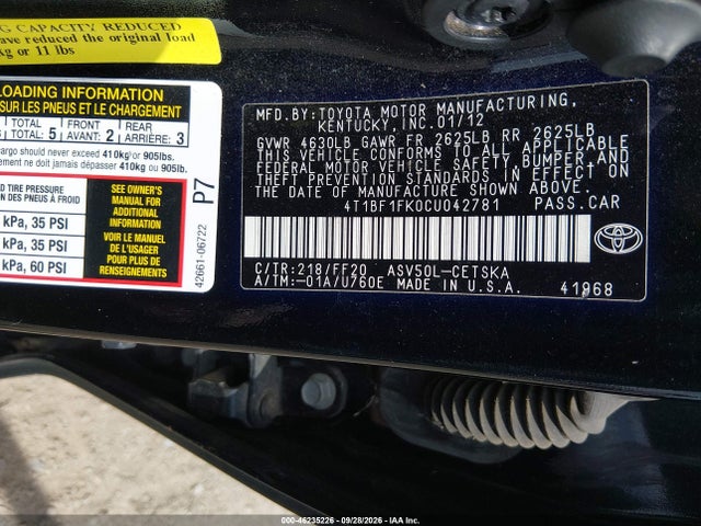 2012 Toyota Camry Se მანქანა იყიდება აუქციონზე, vin: 4T1BF1FK0CU042781, აუქციონის ნომერი: 46235226