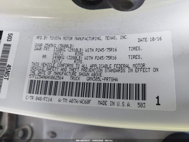 46235227 :رقم المزاد ، 5TFCZ5AN6HX062564 vin ، 2017 Toyota Tacoma Sr5 V6 مزاد بيع
